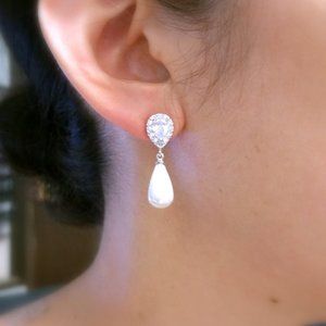 cream shell pearl cubic zirconia deco earrings